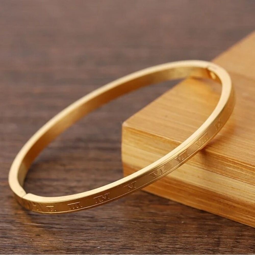 Gold Roman Numeral Bangle Bracelet Hinged Cuff Engraved Jewelry Gold Tone